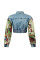 Fashion printed color blocked denim jacket, two-piece set of jeans for women