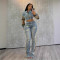 Fashion printed color blocked denim jacket, two-piece set of jeans for women