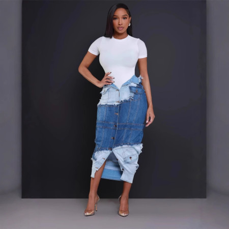 Personalized street denim patchwork jacket split skirt