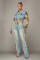 Fashion printed color blocked denim jacket, two-piece set of jeans for women