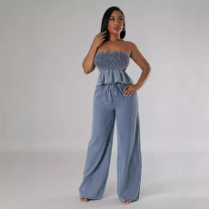 Hot selling strapless vest, straight leg wide leg pants, distressed jeans set