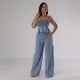 Hot selling strapless vest, straight leg wide leg pants, distressed jeans set