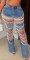 Cross border 2024 big hole jeans women's chain bead chain hanging straight leg pants