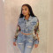 Fashion printed color blocked denim jacket, two-piece set of jeans for women