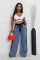Fashion splicing woven wide leg denim pants for women's casual high waisted elastic lace up straight leg pants