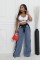 Fashion splicing woven wide leg denim pants for women's casual high waisted elastic lace up straight leg pants