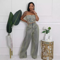 Hot selling strapless vest, straight leg wide leg pants, distressed jeans set