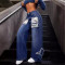 Blue jeans for women, autumn and winter, star patch fabric, tassel, rough edge, large size, loose straight tube, casual, wide legs, long