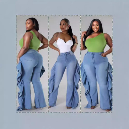 Hot selling washed ruffle edge design elastic jeans