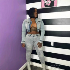 Elastic jeans set, street fake two-piece top, jacket, pants