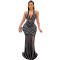 Deep V backless nightclub party dress with rhinestone hot stamping and see through long skirt