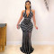 Deep V backless nightclub party dress with rhinestone hot stamping and see through long skirt