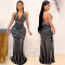 Deep V backless nightclub party dress with rhinestone hot stamping and see through long skirt