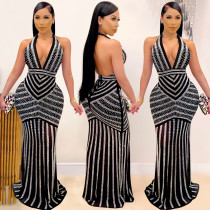 Deep V backless nightclub party dress with rhinestone hot stamping and see through long skirt