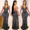 Deep V backless nightclub party dress with rhinestone hot stamping and see through long skirt