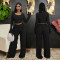 One collar long sleeved short top paired with fashionable slim fit pants two-piece set for women