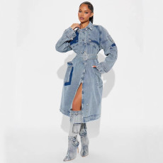 Long double breasted denim jacket, loose denim windbreaker with waistband