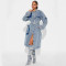 Long double breasted denim jacket, loose denim windbreaker with waistband