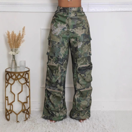 Fashionable camouflage printed work pants for women, elastic high waisted straight leg loose and slimming wide leg pants