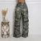 Fashionable camouflage printed work pants for women, elastic high waisted straight leg loose and slimming wide leg pants
