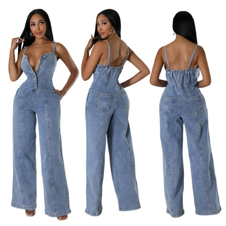Women's fashion casual sexy suspender denim jumpsuit wide leg pants