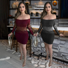 Sexy One Shoulder Dress with Hip Wrapping and Diamond Hot Press Party Dress Over there