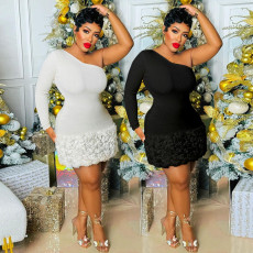 Women's single-sided long sleeved pit stripe three-dimensional flower wrapped hip dress, evening gown