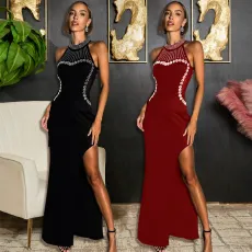 New sexy sleeveless slit dress diamond long skirt evening dress for women