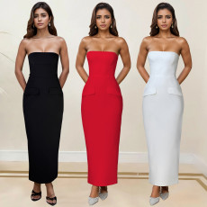 Fashionable women's solid color slim fit strapless dress with hips and high waist