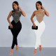 Fashion women's solid color mesh diamond hot stamping pants jumpsuit new style