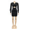 Fashionable and sexy solid color long sleeved hollow pleated mid skirt dress