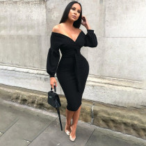 Sexy and elegant lantern sleeves solid color V-neck off shoulder half body dress