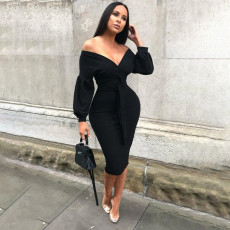 Sexy and elegant lantern sleeves solid color V-neck off shoulder half body dress