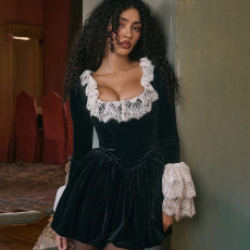 Winter fashion sexy patchwork lace short skirt cross-border new hot selling square neck long sleeved high waisted dress
