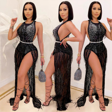 Nightclub Hot Diamond Bead Mesh Sexy Tassel Dress Two Piece Set for Women