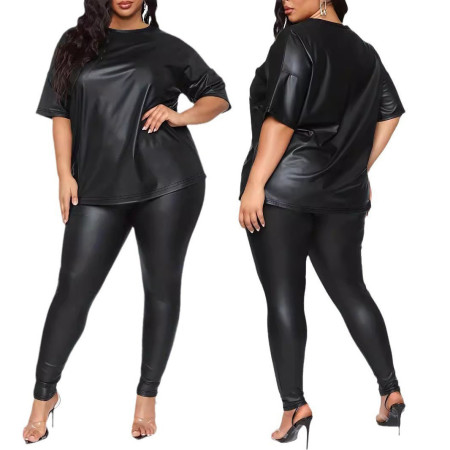 Autumn new plus size women's solid color round neck short sleeved fashionable slim fit pants set