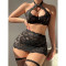 Sexy lingerie lace perspective qqny hanging neck bra short skirt thong three piece set