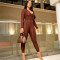 Sexy jumpsuit with waist, wooden ears, coffee colored long pants, tight fitting jumpsuit