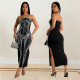Fashionable women's sexy strapless and diamond hot stamping bag arm slit dress