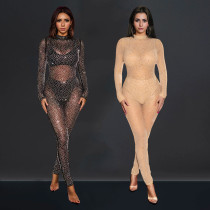 Fashionable women's sexy perspective mesh rhinestone hot stamping slim fit jumpsuit