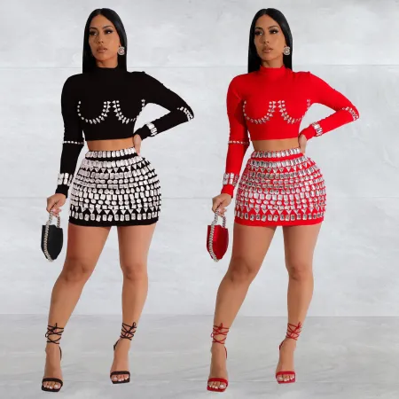 Fashionable women's long sleeved sexy hip hugging short skirt with rhinestone hot stamping two-piece set