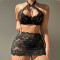 Sexy lingerie lace perspective qqny hanging neck bra short skirt thong three piece set
