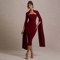 New Women's Elegant Dress with Sexy Long Sleeves, Split Bay Ribbon Evening Dress, Hollow out Medium length Skirt