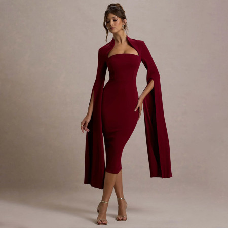 New Women's Elegant Dress with Sexy Long Sleeves, Split Bay Ribbon Evening Dress, Hollow out Medium length Skirt