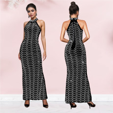 Fashionable women's neck hanging elegant long skirt, hot pressed diamond slim fit dress