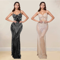 Fashionable women's sleeveless, hip hugging, hot diamond suspender, slim fit dress