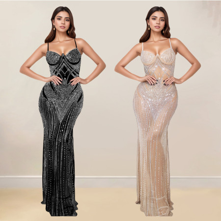 Fashionable women's sleeveless, hip hugging, hot diamond suspender, slim fit dress