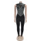 Fashion women's solid color mesh diamond hot stamping pants jumpsuit new style
