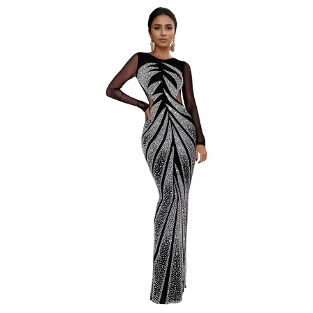 Fashionable women's rhinestone long sleeved sexy tight fitting hip hugging dress