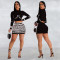 Fashionable women's long sleeved sexy hip hugging short skirt with rhinestone hot stamping two-piece set